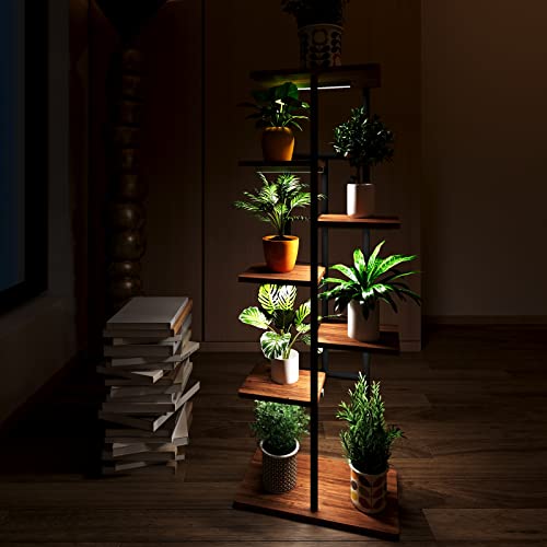 Vanyichoo Metal Plant Stand With Grow Lights For Indoor Outdoor Plant Stands For Multiple Plants Flower Pot Holder For Balcony Bedroom Living Room (Retro Wood,7 Tier) #TOP1