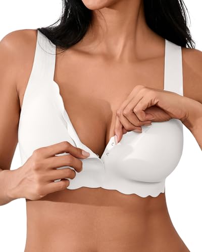 SHARICCA Damen Vorderverschluss BH - Ohne Bügel V Ausschnitt gewellte Ränder Push up BHS Soft Bequem Nahtloser Bralette(White-1P03-M) SHARICCA Damen Vorderverschluss BH - Ohne Bügel V Ausschnitt gewellte Ränder Push up BHS Soft Bequem Nahtloser Bralette(White-1P03-M)