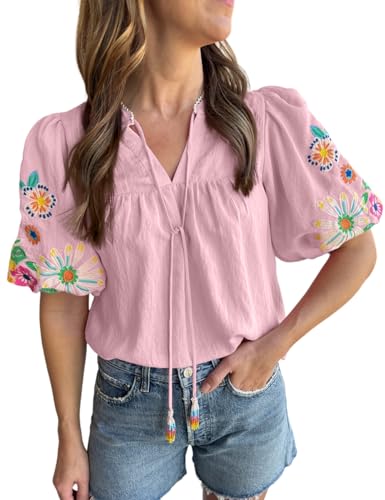 Ecosunny Women's Casual Floral Embroidered V Neck Boho Puff Short Sleeve Shirts Loose Tunic Summer Blouses Tops Fashion Clothes 2024 Pink M