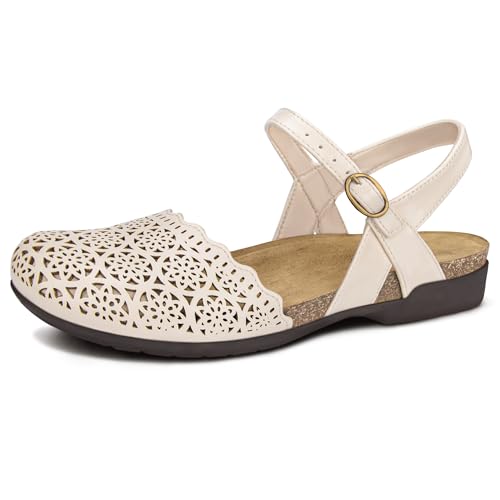 Image of PARTY Closed Toe Sandals Women, Barefoot Arch Support Flat Sandals for Office Work and Travel with Comfortable Cork Footbed