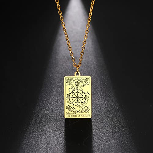 TEAMER Stainless Steel Tarot Cards Necklace Vintage Tarot Jewelry Good Luck Amulet Pendants for Women (Gold-THE WHEEL OF FORTUNE) - Thumbnail 6
