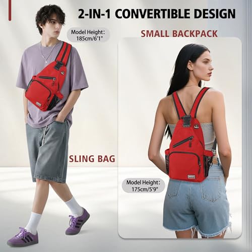 Image of Geestock Convertible Sling Bag for Women Men, Lightweight Crossbody Backpack Daypack Chest Bag Fit 10.9 inch Tablet for Travel, Sport, Hiking & Commute, Red, 8.27inx3.94inx13.39in