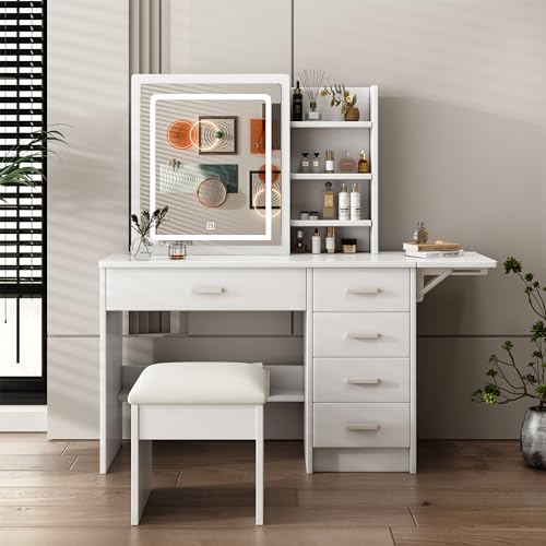 Runboll Stylish Vanity Desk with Mirror and Lights, White Dressing Table Set with Chair, 5 Drawers & Open Shelves, Adjustable 3-Color LED Lighting, Perfect for Bedroom Makeup