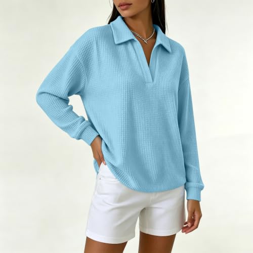 Womens Waffle Knit Collared Shirt Long Sleeve V Neck Pullover Top | Waffle Shirts for Women, Loose Fit Tops, Long Sleeve Blouses, Casual Fall Shirts, Everyday Layering, Womens Fall Fashion 2026 - image 8