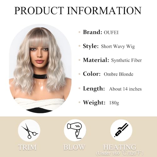 OUFEI Long Ombre Blonde Wig With Bangs Natural Wavy Wigs for Women Natural Synthetic Hair Heat Resistant Wigs for Daily Party Cosplay Wear - Image 2