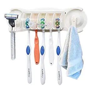 KAAS 3 in 1 Plastic Suction Bathroom Organizer with Razor Holder, Towel Holder and 5 Toothbrush Holder Hook
