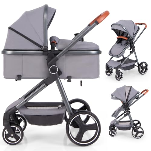 Image of INFANS 2 in 1 Baby Stroller, Foldable High Landscape Shock Absorption with Reversible Seat, Newborn Convertible Stroller Bassinet for Infant Aluminum Structure for Toddler Pushchair 0-36 Month