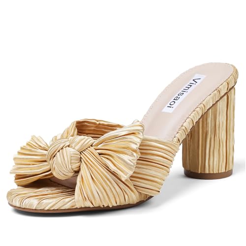 VIMISAOI Womens Bow Heels High Block Chunky Slide Sandals Open Toe Ankle Strap Wedding Dress Pumps Shoes