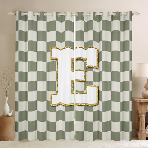 Image of Erosebridal Sage Green Checkered Window Curtains 38 inch Wx54 L Plaid Initial E Blackout Curtains for Bedroom Living Room,Personalized Monogram Window Treatments Grids Gingham Drapes Decor 2 Panels