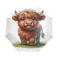 GAIREG Cute Highland Cow on Grass Travel Umbrella Automatic Open Close Compact Folding Rain Umbrellas
