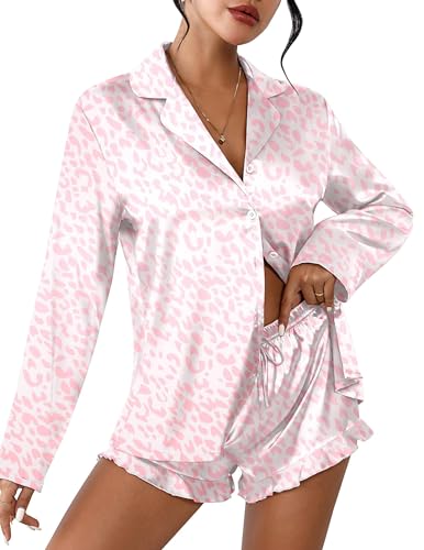 Image of Ekouaer Womens Satin Pajama Sets Long Sleeve Top and Shorts Lounge Set Button Down Sleepwear