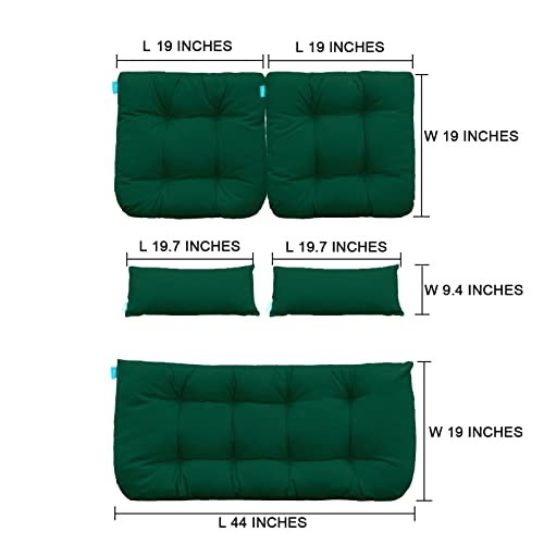 Image of QILLOWAY Outdoor Wicker Cushion Set of 5 - Waterproof Fade Resistant Patio Furniture Cushions, Loveseat 2 U-Shape 2 Lumbar Pillows for Porch, Bench, Backyard, Garden, Mallard,Forest Green