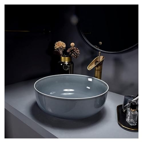 Lavabo de cerámica para baño redondo gris antisalpicaduras con diseño liso de 42 cm 3