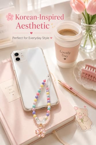 Image of Handmade Beaded Phone Charm Strap for Women & Girls | Aesthetic Mobile Charm | Pearl & Crystal Bead Wrist Strap | Cute Phone Bag Accessory | Korean Style