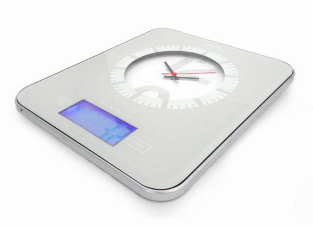 Nerthus FIH 230 Scale with clock. Glass top scale that includes an analog clock