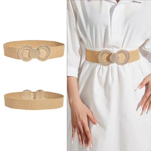 Women Braided Waist Belt Straw Weaving Straw Belt with Gold Buckle Decors Girl Dress Shirt Waist Belt2