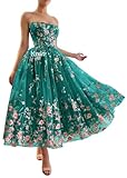 Yuxin Tea Length Flower Prom Dresses Long Ball Gown 2024 Strapless Tulle Blushed Rose Bouquet Lace Formal Party Gowns Peacock Us0