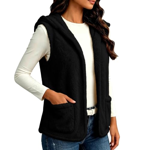 Womens Fuzzy Fleece Vest Hooded Open Front Patch Pockets Casual Fall Layer - image 9