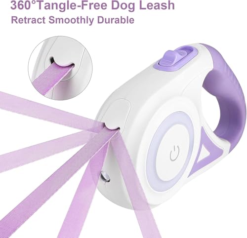 Image of Luminous Retractable Dog Leash with Front Safety Led Light - 3M /10ft 360Tangle-Free Training Leash for Ultimum Freedom with Anti Slip Handle Dogs & Cats - Purple