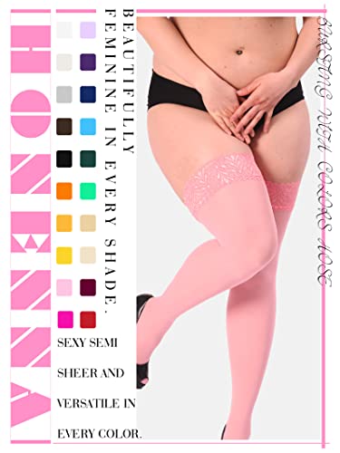 Image of HONENNA Plus Size Thigh High Stockings, Semi Sheer Stay Up Lingerie Lace Top Pantyhose for Curvy Women