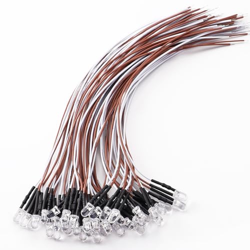 YIXISI 40 Piezas 5mm LED Diodos Emisores de Luz Lámpara, 12V 20cm Luces LED de Diodo Pre Cableado, Luces de Diodo Precableadas, Blanco Cálido