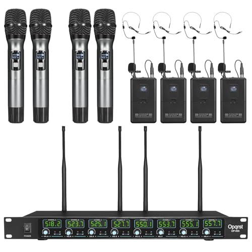 OPQRST Wireless Microphone System 8 Channel UHF 4 Handheld 4 Bodypack Headset Lapel Mics Fixed...