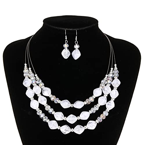 3 Layered Chunky Statement Necklace For Women Beaded Strand Necklaces With Earring Fashion Costumes Collar Necklace Jewelry Sets Gifts For Women(White) #TOP3