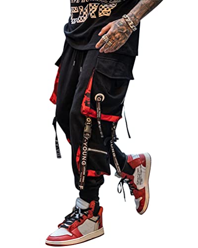 ORANDESIGNE Hommes Combat Travail Pantalon Cargo avec Poches Boucle Bretelles Techwear Pantalon, Hommes Travail Pantalon Décontracté, Mode àÉlastique Pantalon A Noir L