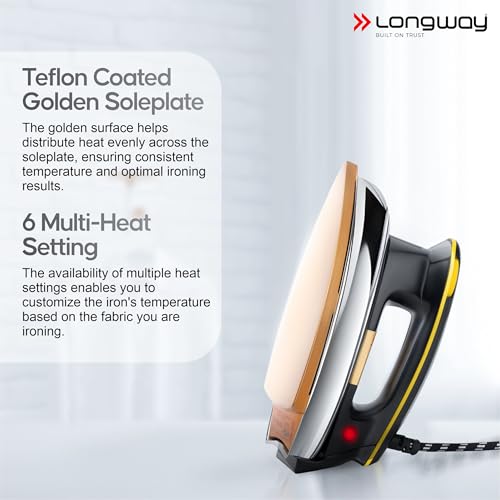 Image of Longway Plancha Heavy Weight Non-Stick Teflon Coated Dry Iron, Electric Iron for Clothes (1200 Watt, Black)