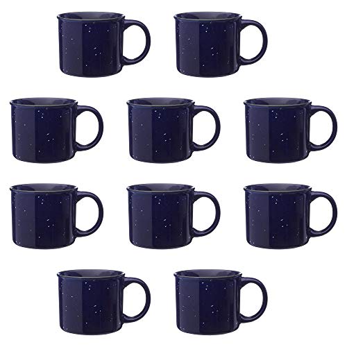 Ceramic Campfire Coffee Mugs Set 13 Ounce 10 Pack of Clear Camping Style Flat Bottom Tea Cups - Blue