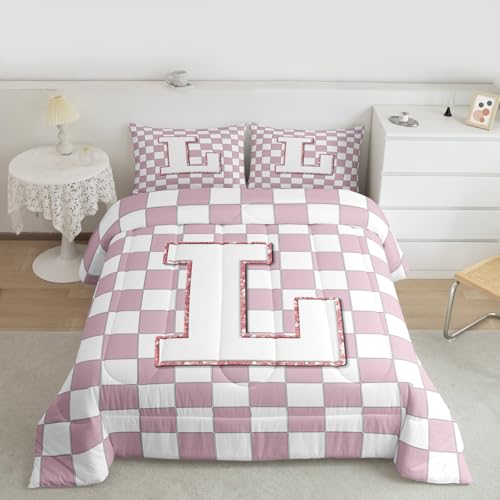 Image of Erosebridal Pink Initial L Comforter Set Full Kawaii Plaid Checkered Bedding Set Cute Personalized Monogram Comforter for Kids Girls Teen Women,Fashion Grids Gingham Quilt Duvet