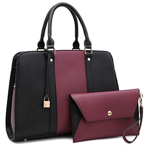 Dasein Women Handbag and Purse Two-tone Satchel Bag Top Handle Work Tote Padlock Shoulder Bag Three Compartments(Purple and black)