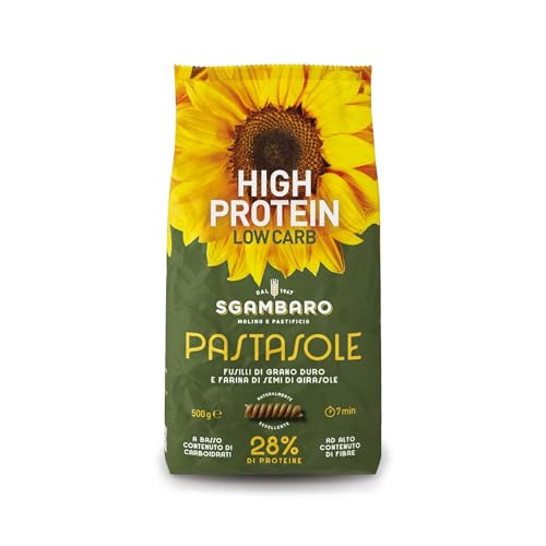 PASTASOLE Sgambaro, Fusilli con Semola di Grano Duro 100% italiano e Farina di Semi di Girasole - 500g - High Protein, Low Carb, Ricca di Fibre