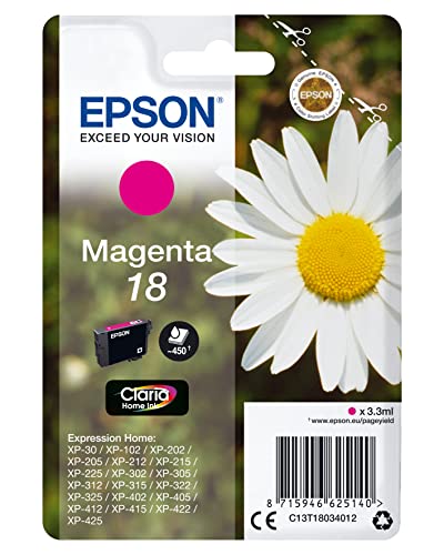 Epson 18 Pâquerette Magenta, Cartouche d'encre d'origine, XP-30 XP-102 XP-202 XP-205 XP-212 XP-215 XP-225 XP-302 XP-305 XP-312 XP-315 XP-322 XP-325 XP-402 XP-405 XP-412 XP-415 XP-422 XP-425