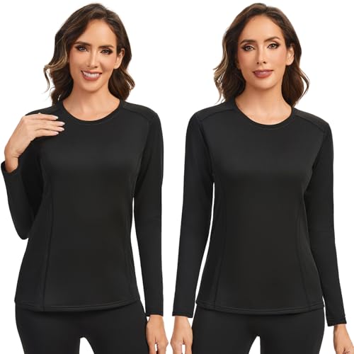 AMZSPORT Donna Maglia Termica a Maniche Lunghe Invernale Intimo Termico Traspirante Top Caldo con Scollo T-Shirt Nero 2 Set XL
