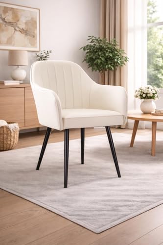 Image of Plush Dining Chair | Accent Chair for Living Room Bedroom Restuarant | Velvet Fabric & Thick Cushion Seat with Sturdy Glossy Metal Legs (Black Legs, White)