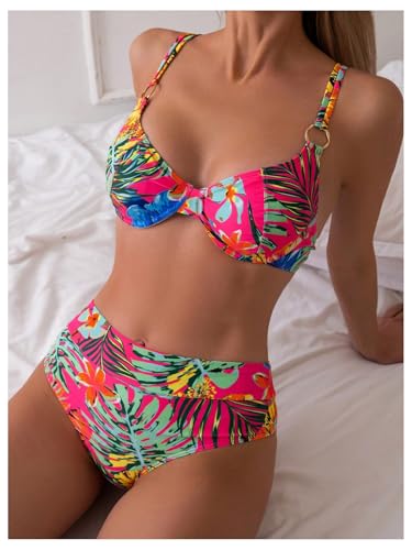 MakeMeChic Women's 2 Piece Floral Bikini Set Ring Linked Underwire High Waist Bathing Suit Swimsuit3