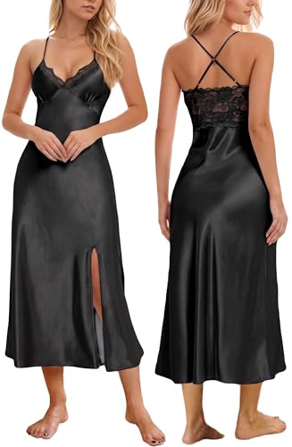 Image of ALCEA ROSEA Women Silk Satin Nightgown Sexy Lace Chemise Lingerie Long Sleepdress for Ladies Sleepwear Slip Negligee