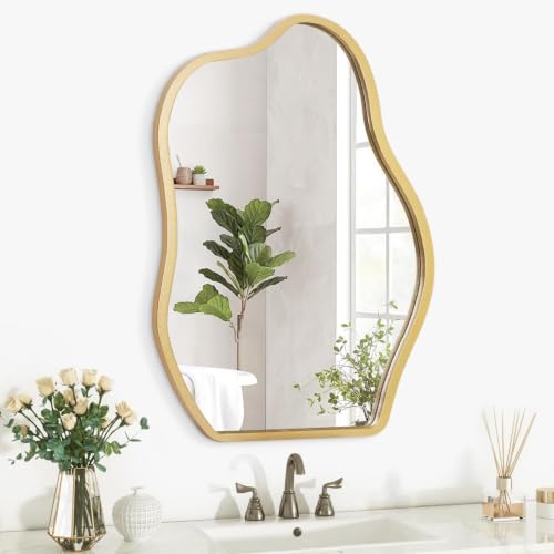 Image of Alfa Design Asymmetrical Gold Irregular Wall Mounted Mirror | Wooden Frame | Aesthetic Decor Bathroom Vanity Mirror, Farmhouse, Living Room, Bedroom & Entryway Irregular Gold (29 x 21 inch)