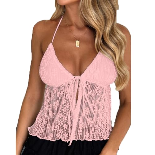 Women's Sexy Halterneck Tie-Up Front Crop Top Sleeveless Backless Lace Cardigan Tops Streetwear