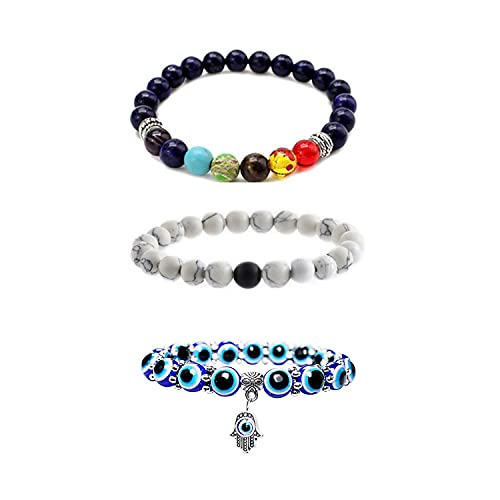 Image of 3Pcs Evil Eye Bracelet Set Chakra Beaded Bracelets Evil Eye Hamsa Blue Beaded Charm Stretch Bracelet 7 Chakra Gemstone Lava Stone Hamsa Mal De Ojo Bracelets Yoga Menditation Beads Bracelets-Dark Blue