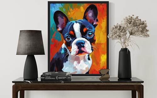 Image of Boston Terrier Colorful Abstract Black Framed Wall Art Print Poster, Dog Pet Lover Picture Painting Artwork Bedroom Living Room Office Dining Room 150D (Boston Terrier Colorful Abstract, 14 inchL x 11 inchW, Black Frame)