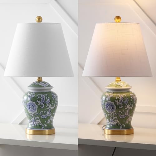 Image of JONATHAN Y 22 inch Green /White Ceramic Table Lamp, French Country Chinoiserie Ginger Jar LED Bedside Lamp for Living Room Bedroom, White Linen Shade (JYL3005E)