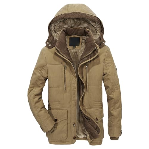Image of Maiyifu-GJ Men Long Hooded Parka Jacket Sherpa Fleece Thick Warm Coat Waterproof Military Windbreakers With Pockets, Khaki, XL