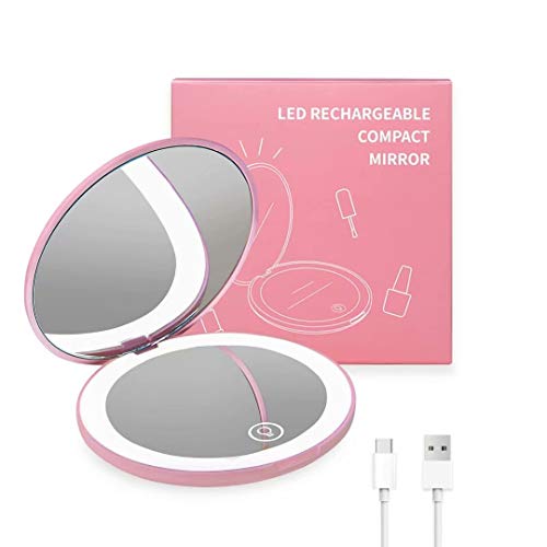 Kintion LED Compact Mirror,1x/10x Magnification,Rechargeable Travel Makeup Mirror,Folding Handheld Mirror for Purse,Pocket,Dimmable,Touch Switch,Type-c Charging,Daylight,Distortion Free,Portable,Pink