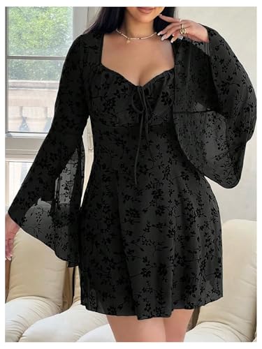 Image of Floerns Women's Plus Size Floral Gothic Dress Flare Long Sleeve Mesh Grunge A Line Dress