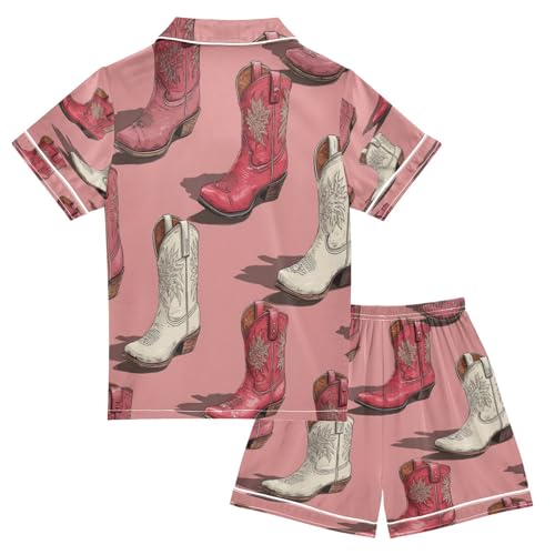 Satin Pajama Sets Short Sleeve Cowboy Boots with Floral Prints Button Down Silky Nightwear 2 Piece PJS 5-14Y2