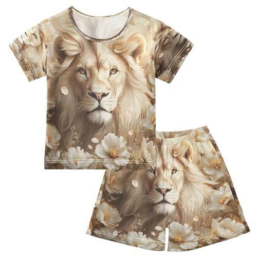 ALAZA White Lion Blossom Animal Pajamas Set Short Sleeve Cotton Sleepwear Summer Pjs 2 Piece 5-14Y
