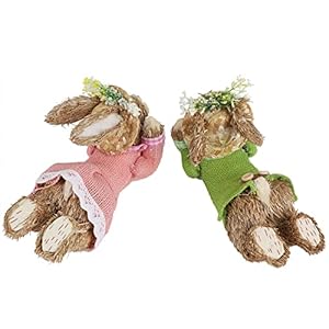Drdudu set of 2 easter decorations bunny straw bunny figurine tabletop decor easter rabbit statue spring home decor for table office kitchen farmhouse bunny  urban country home decor
