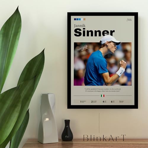 Image of BLINKART Jannik Sinner | Tennis Player | Synthetic Wood Photo Framed Wall Hanging Poster For Room & Office Bedroom Living Boys And Girl Room Home Wall Hanging | 12x18 Inches